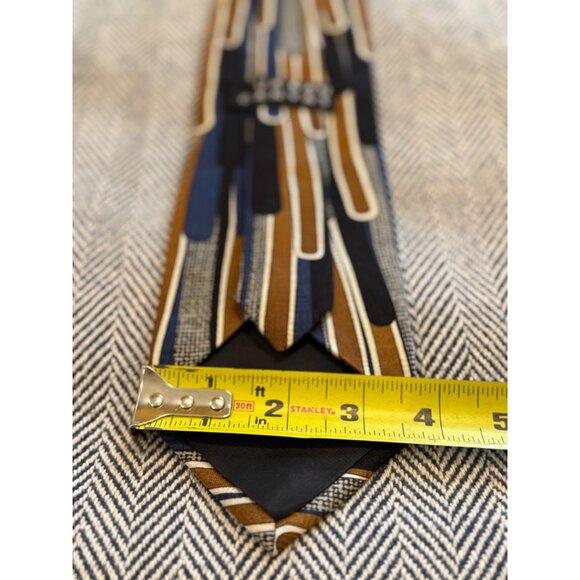 Urban Canvas Mens Silk Tie With Geometric Retro Lines In Blue Brown & Black - Picture 4 of 7